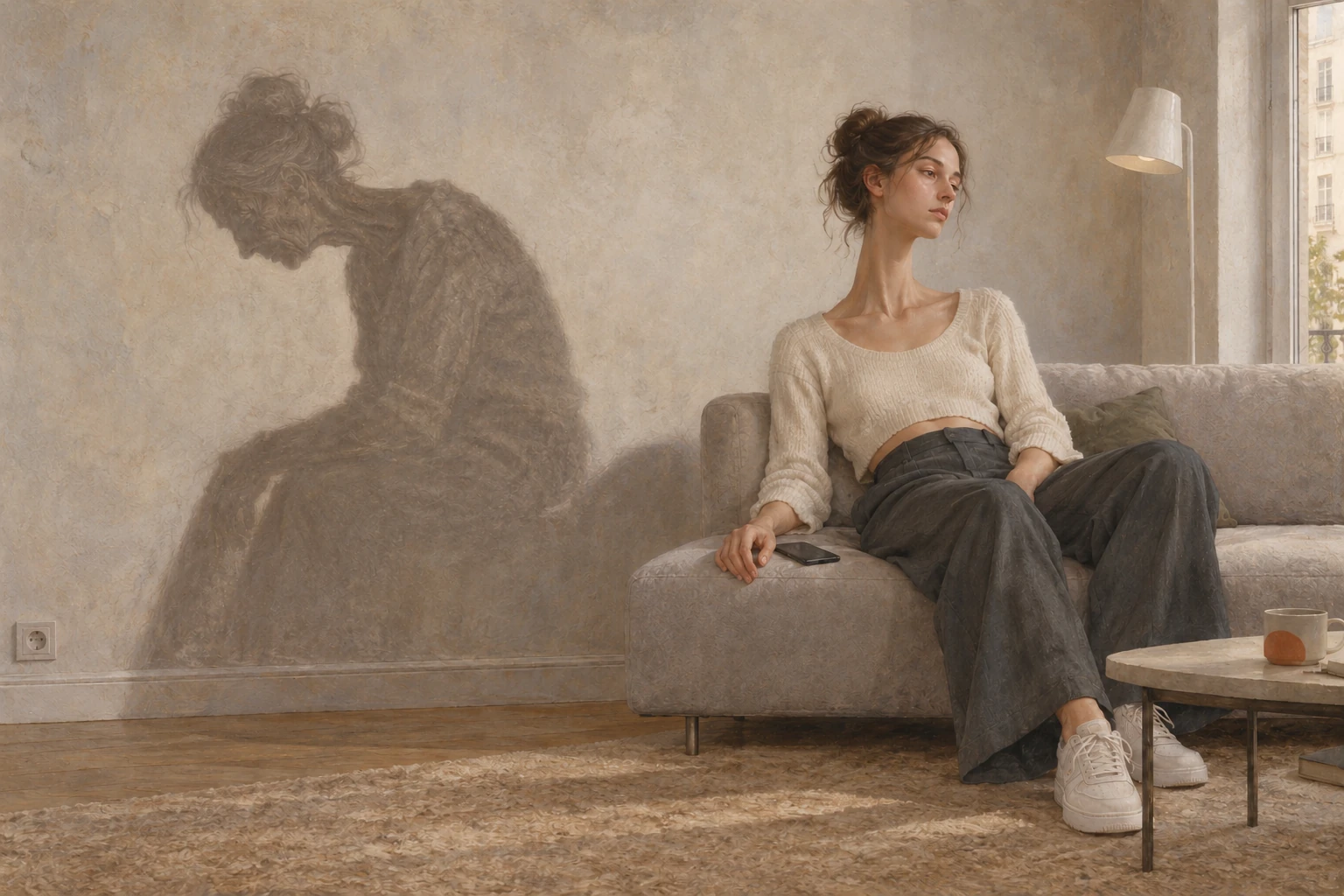 A young woman sitting beside an aged shadow.