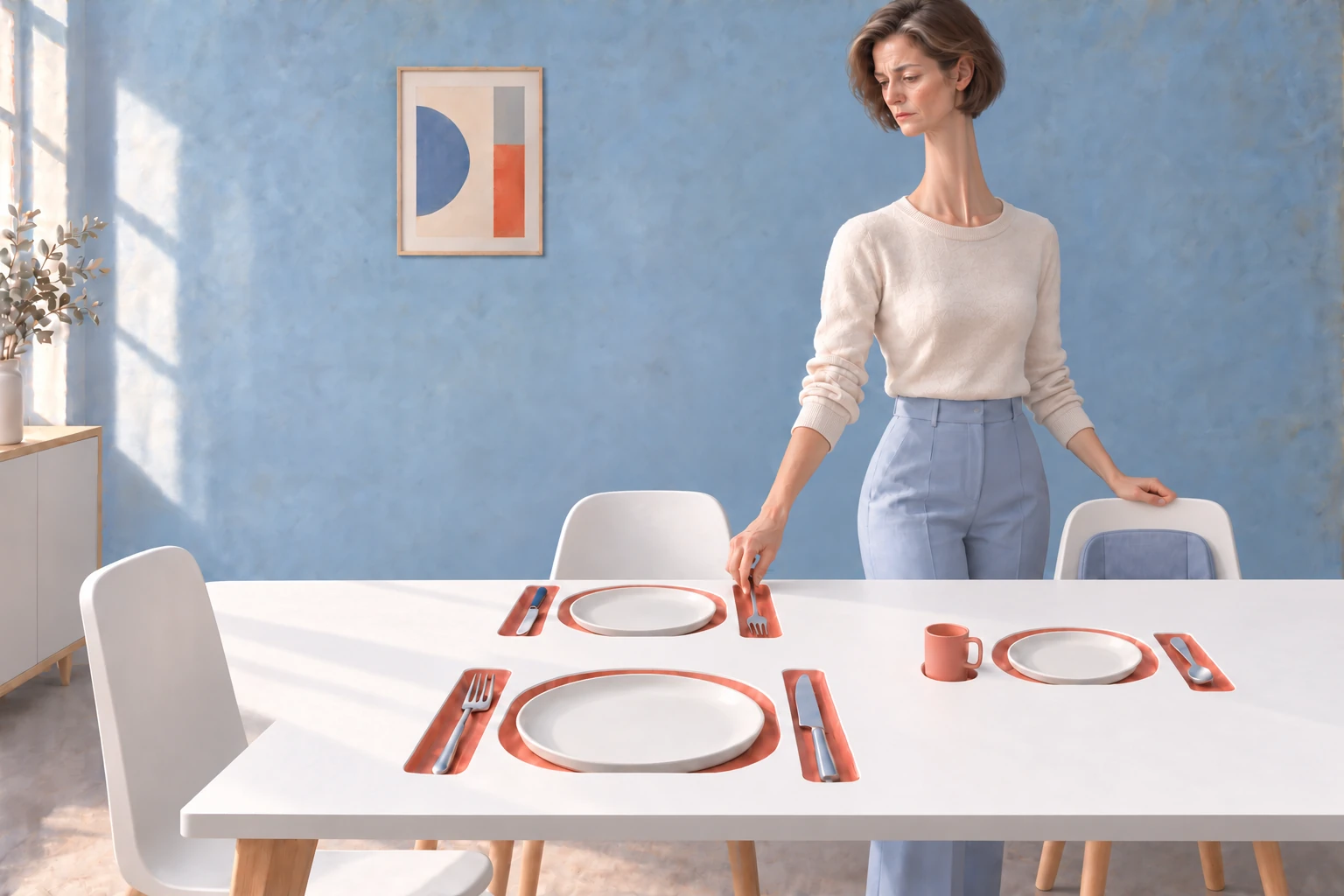 A mother arranging a table with recessed place settings.