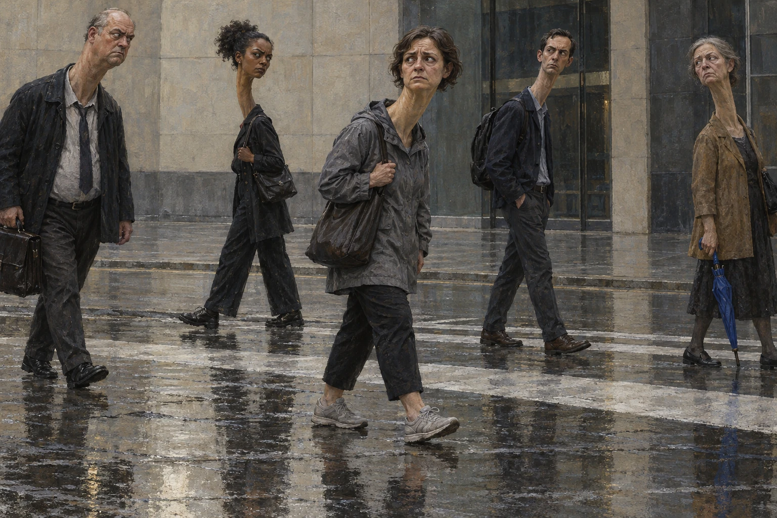 Long-necked strangers watching each other in the street.